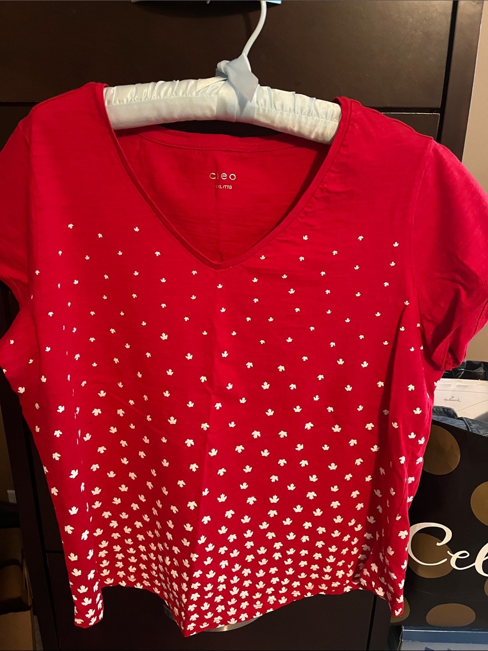 Cleo-  Red V-Neck Short Sleeve Top with White Dot Scatter